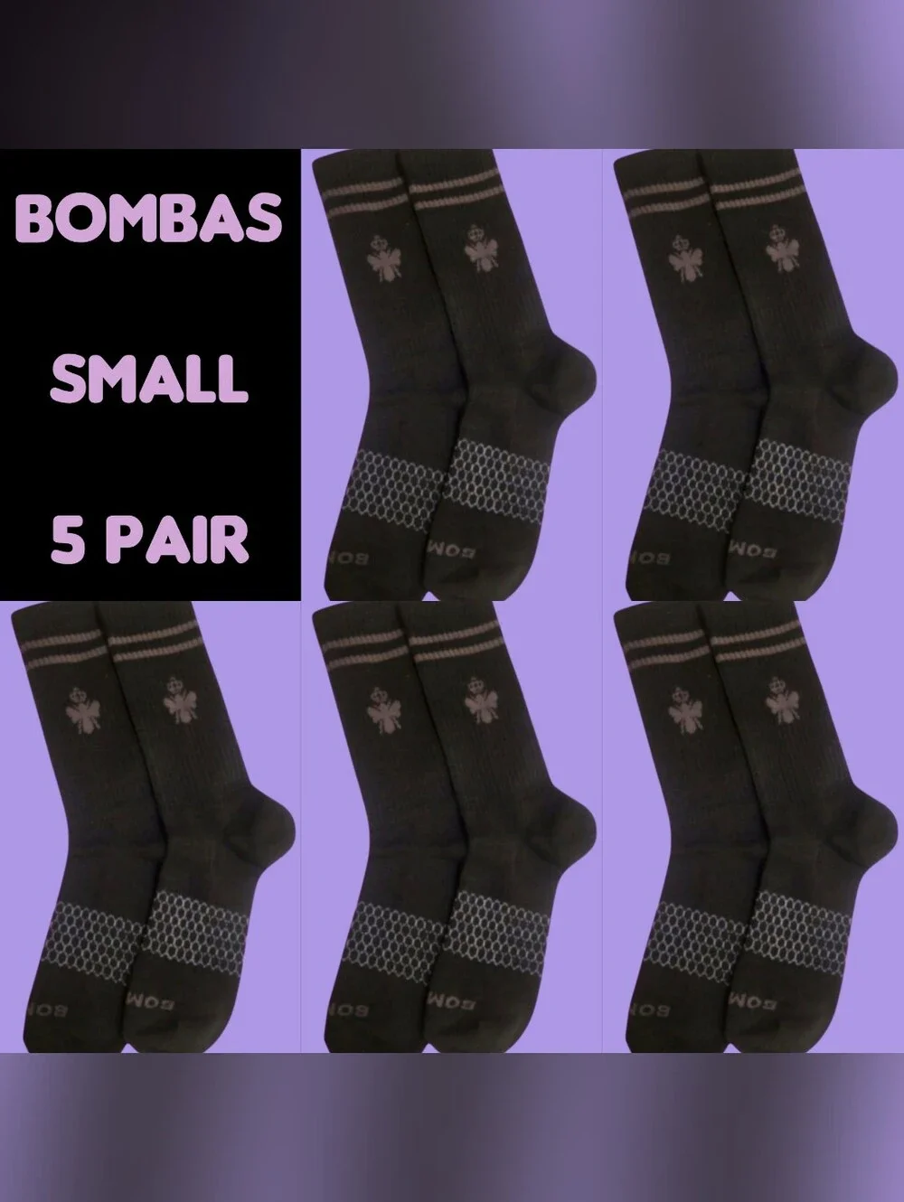 Bombas Crew Calf Socks Small Black~Grey Womens BNWT 5 Pair Bee Better
